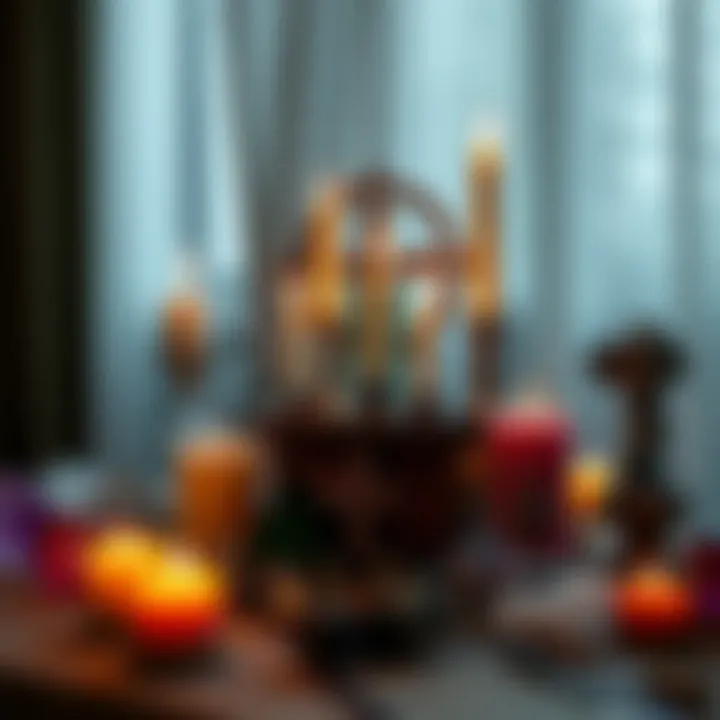 A Wiccan altar featuring candles, crystals, and a small deity statue, representing the blend of magick and spirituality.