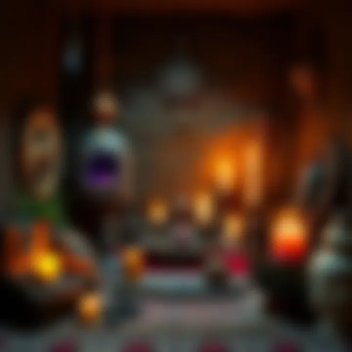 A small Wiccan altar with candles and crystals set up in a cozy basement nook.