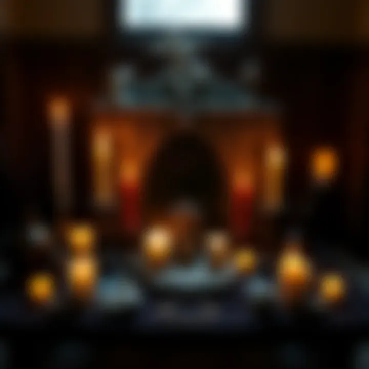 A serene altar with candles, crystals, and symbols of Dianic Wicca, representing a solitary practice