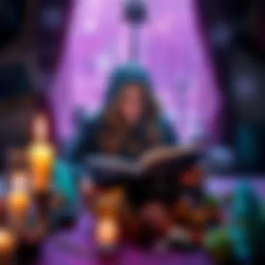 A newcomer to Wicca reading Thea Sabin's 'Wicca for Beginners' at a candlelit table surrounded by crystals and herbs