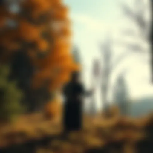 A solitary Wiccan stands among trees in a rural area, holding a staff, looking towards a clear sky, symbolizing the search for community.