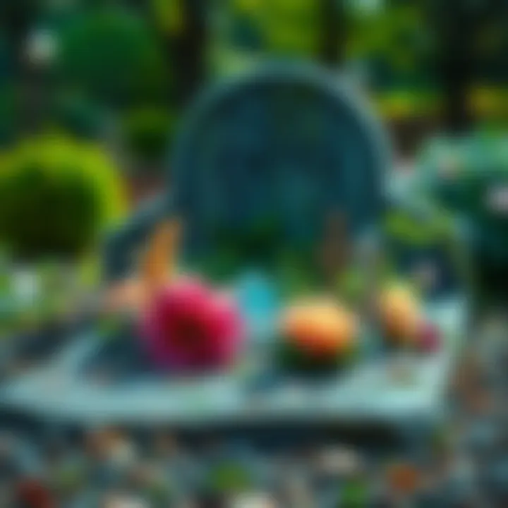 A serene grave decorated with flowers and crystals, honoring a Wiccan friend, surrounded by greenery and a peaceful atmosphere.