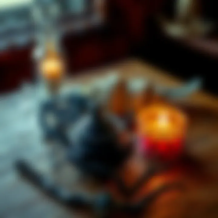 A collection of Wiccan symbols including a pentacle, a cauldron, and a wand on a wooden table