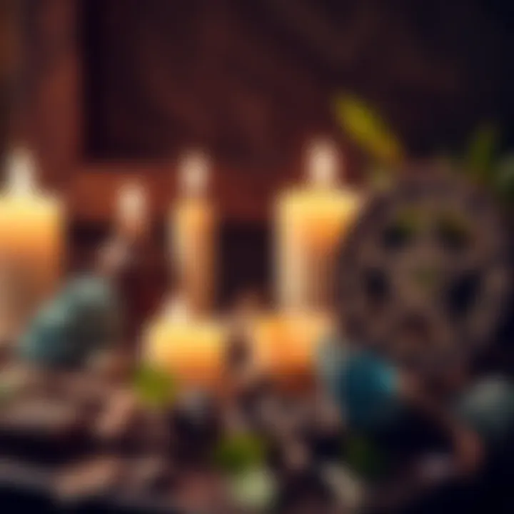 A display of Wiccan symbols with candles and natural elements like leaves and crystals, representing cultural practices and traditions in Wicca.
