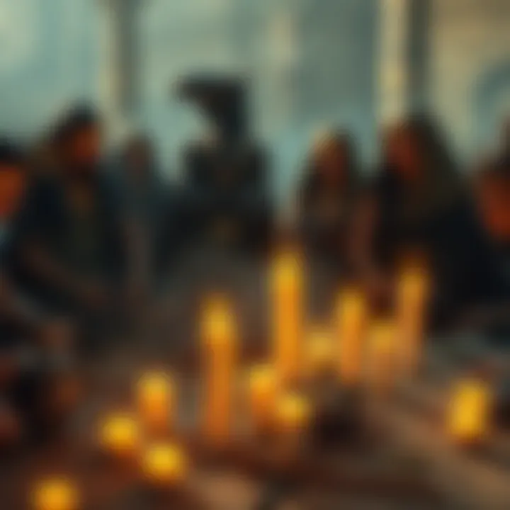 Wiccans with Egyptian Deities A group of Wiccans performing rituals with Egyptian deities, surrounded by candles and symbols of ancient Egypt, such as ankh and scarabs.