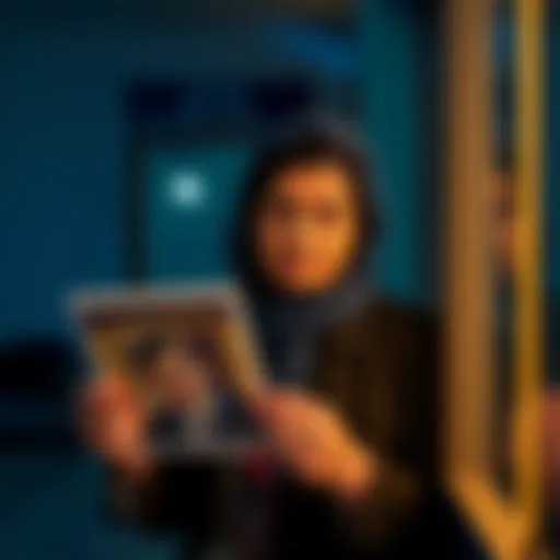 A determined widow holding a photo of her late husband, inquiring about benefits at a government office.