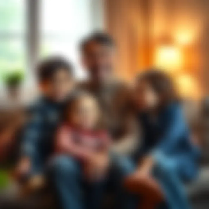 A 47-year-old parent smiling while sitting with three children in a cozy living room, showing love and support