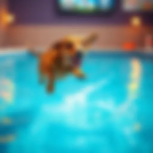 A brown wiener dog leaps into a pool in a video game setting, showcasing a fun and playful moment. The scene highlights a challenge involving breath control as the dog makes a splash.