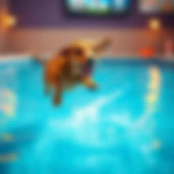 Wiener dog jumping into a pool A brown wiener dog leaps into a pool in a video game setting, showcasing a fun and playful moment. The scene highlights a challenge involving breath control as the dog makes a splash.