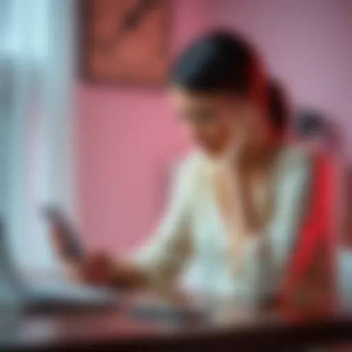 A concerned woman sits at a table with her hands clasped, looking worried while holding a phone, representing her search for advice about her husband's struggles.