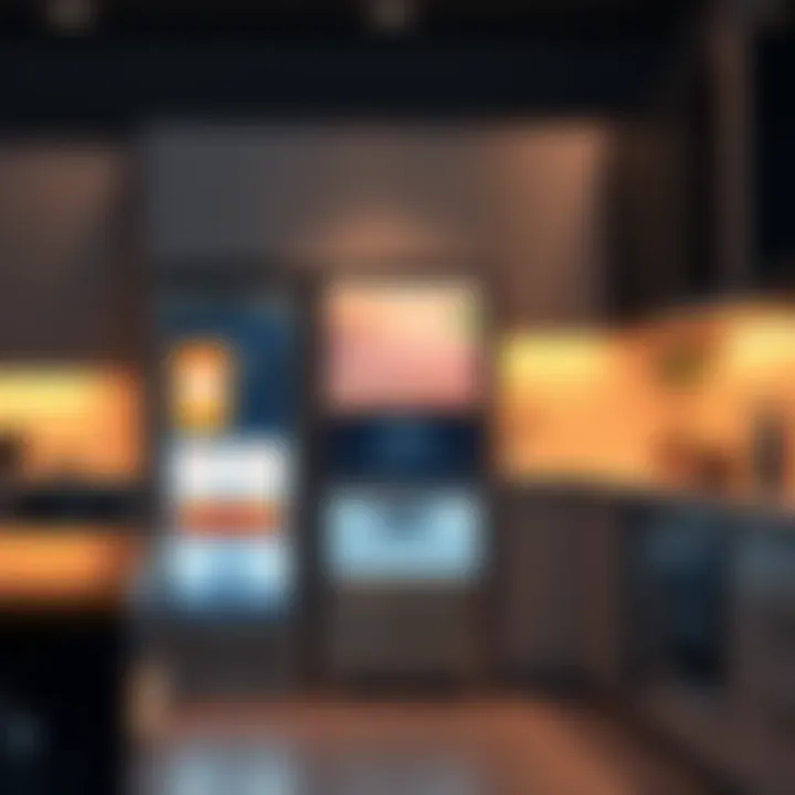 Modern kitchen featuring WiFi-enabled appliances like a smart fridge and oven with subscription plan interface on display