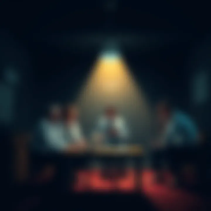 A group of Wikipedia administrators discussing serious abduction allegations in a dimly lit room