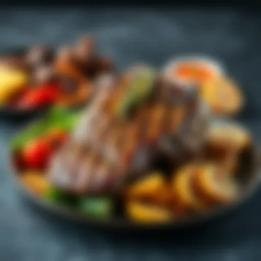 A cooked dish of wild boar meat served on a plate with a side of vegetables and herbs, showcasing its appeal as a food choice.