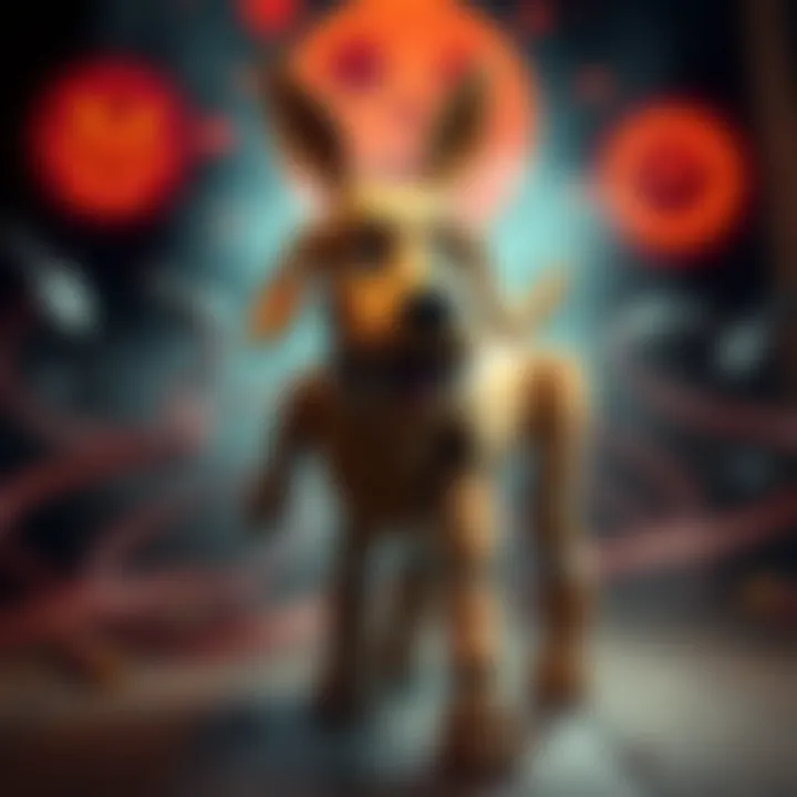 Will transformed into a wooden dog with springs for legs, surrounded by strange visions and eerie sounds