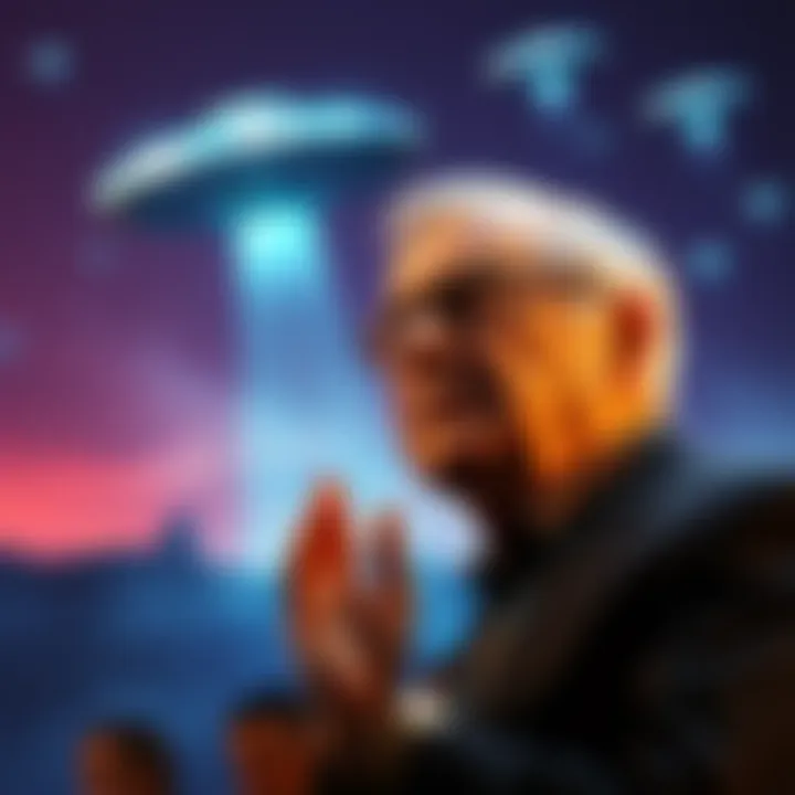 William Cooper giving a lecture about army fleet detection and UFOs, with visuals of mysterious flying objects in the background