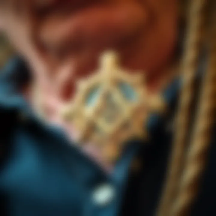 Close-up of a decorative pin worn by Willie Nelson, showing its unique design and possible Freemason symbols.