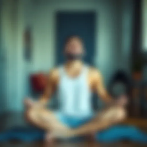 A person sitting cross-legged, eyes closed, practicing Wim Hof breathing in a calm indoor space, with an expression of mixed peace and concern.