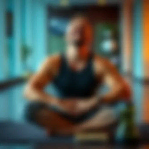 A relaxed person sitting cross-legged, eyes closed with a calm expression, experiencing joy and laughter after breathing exercises.