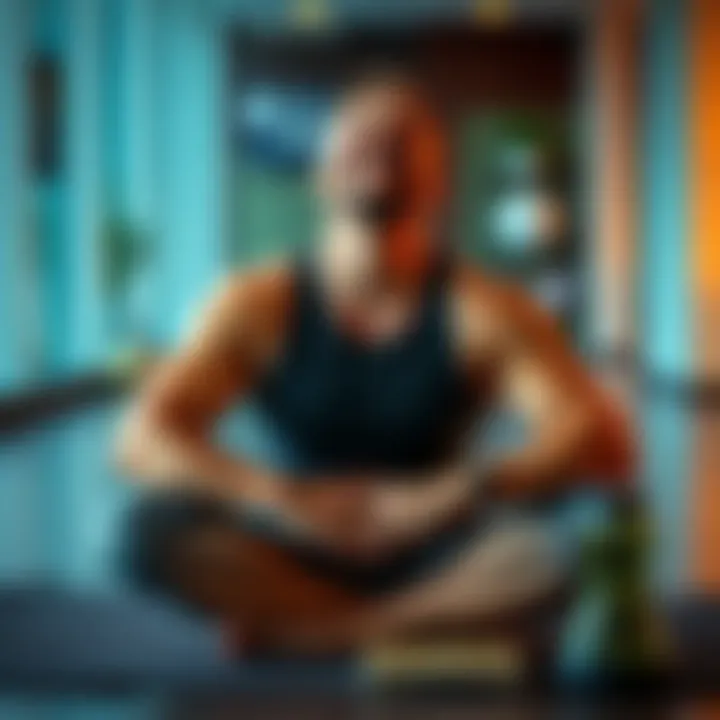 A relaxed person sitting cross-legged, eyes closed with a calm expression, experiencing joy and laughter after breathing exercises.