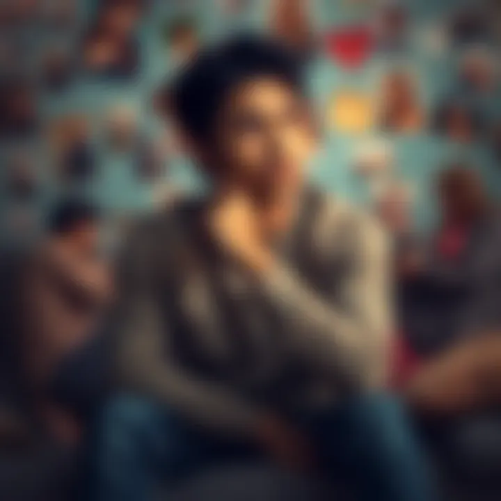 Individual sitting thoughtfully with a nostalgic expression, surrounded by memories of a past relationship, symbolizing self-reflection and emotional healing.