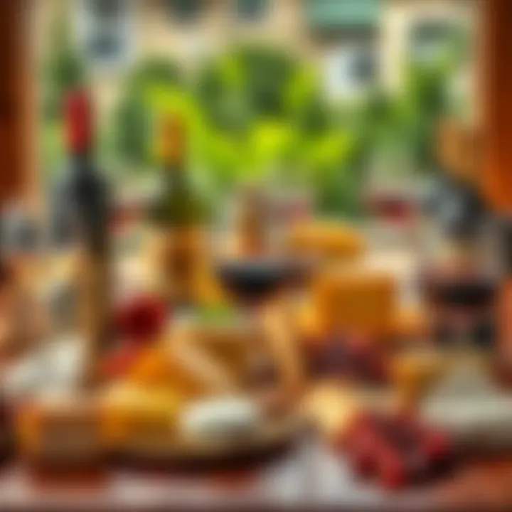A table set with various wines and cheeses, showcasing a vibrant assortment