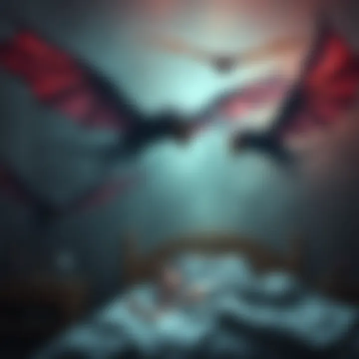 Five monstrous winged creatures hovering near a child's bed, with one creature being kicked away from a sleeping aunt.