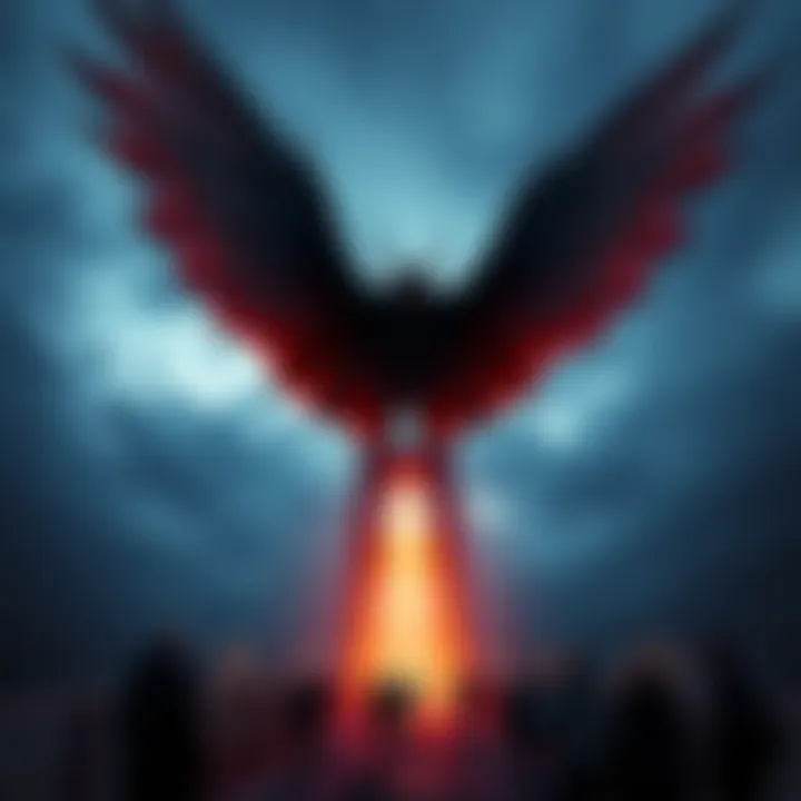 A tall figure with wings and glowing red eyes hovers ominously over the Silver Bridge, casting a shadow as people look on with fear.