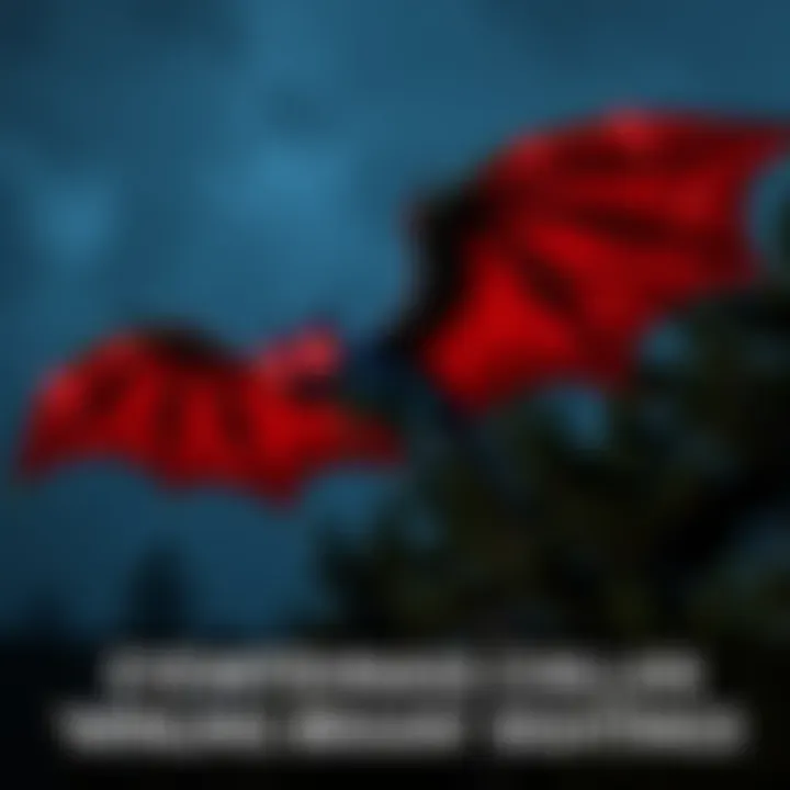 A large, bat-winged reptilian creature soaring through the night sky with glowing red eyes, set against a dark backdrop of trees.