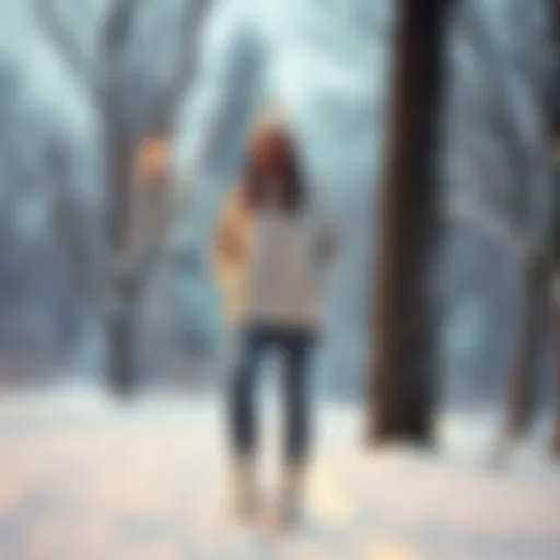 A woman in warm winter attire with stylish white boots and cozy pants, standing in a snowy Pennsylvania setting.