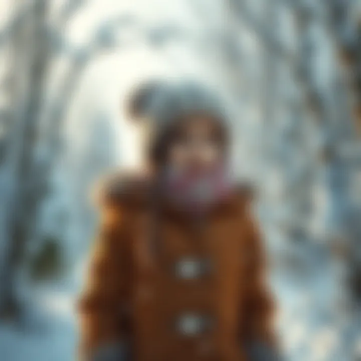 A young girl in a cozy winter outfit stands among snow-covered trees, embodying themes of character development and the winter season.