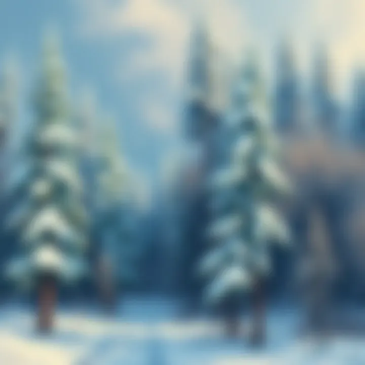 A beautiful oil painting of a snowy winter forest with tall trees and soft white snow covering the ground.