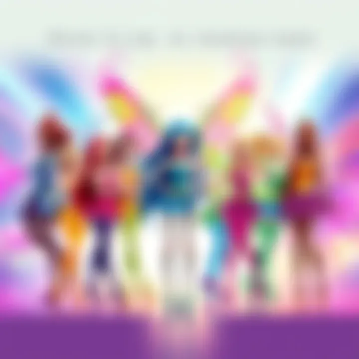 A colorful group of Winx Club characters showcasing their unique styles and powers, standing together against a magical backdrop.