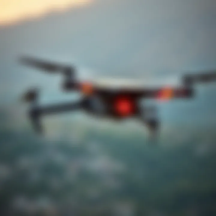 Wired Drone in Military Setting A wired drone flying in a military environment, showcasing its capabilities and technology. The drone is equipped with wires to prevent RF interference, highlighting its use in operations similar to those in Ukraine.