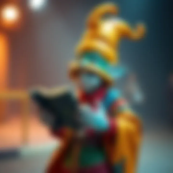 Wise Fool Character A whimsical character dressed in colorful clothes, holding a book and smiling, symbolizing wisdom and folly in media.