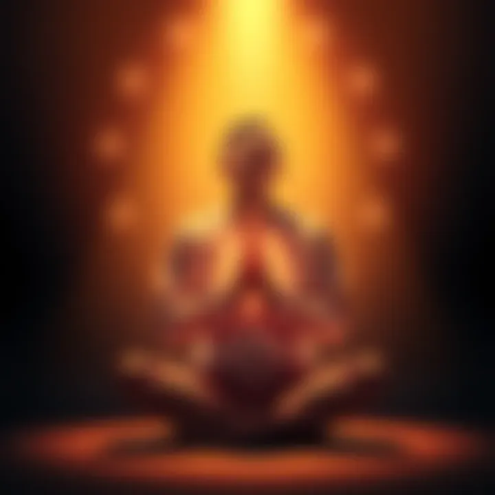 A person sitting with eyes closed, hands on heart, radiating a sense of peace and fulfillment, surrounded by soft light.