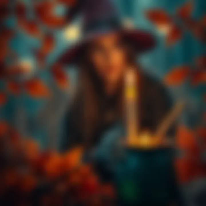 A witch holding a candle surrounded by autumn leaves and a cauldron, celebrating Samhain on November 1st.