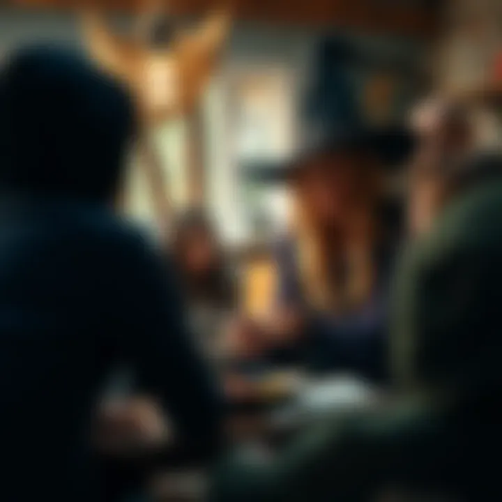 A witch engaging with a group of people in a cozy setting, discussing ideas and sharing experiences, highlighting community and personal growth over wealth.