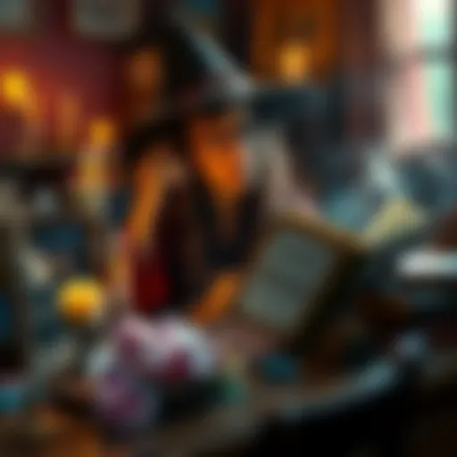 A frustrated witch sits at a cluttered desk, surrounded by candles and crystals, looking thoughtfully at her spellbook