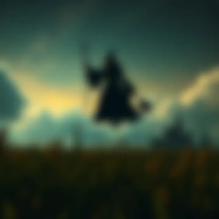 A witch figure levitating above a grassy field under a starry sky, surrounded by an eerie atmosphere, symbolizing America's occult locations.