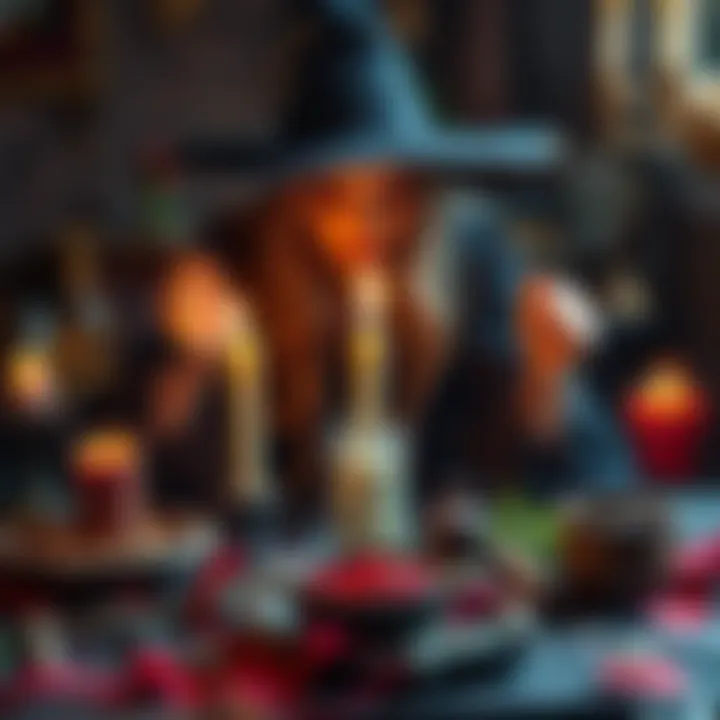 A witch holding a candle and personal items while casting a love spell, surrounded by mystical tools and herbs