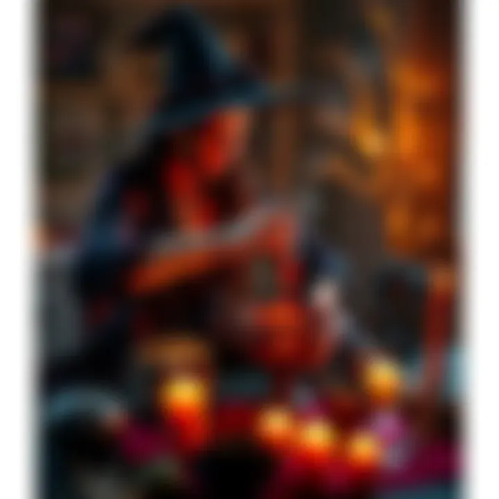 A witch in a cozy setting, mixing period blood into a bowl for a manifestation spell, surrounded by candles and crystals