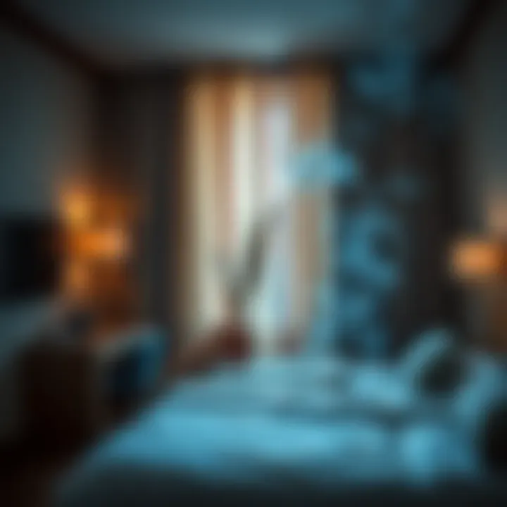 A person performing a smudging ritual with sage in a hotel room, smoke rising and sage bundle in hand.