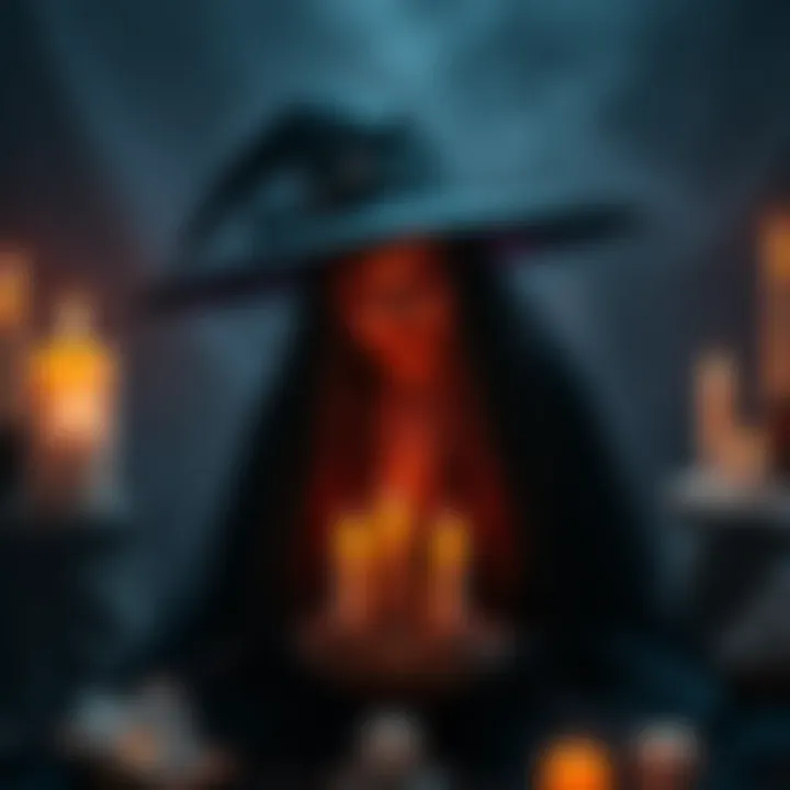 A person wearing witch-inspired clothing with flowing fabric and dark colors, surrounded by candles and crystals, creating a magical atmosphere without performing spells.