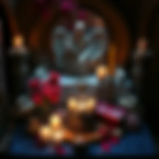 A beautifully arranged altar featuring symbols of love and beauty, including roses and candles, representing a connection to Aphrodite