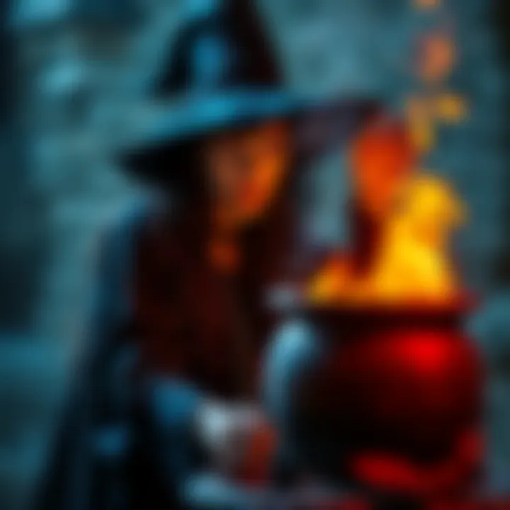 A witch standing in front of a cauldron, contemplating a spell to end a relationship, with a concerned expression.