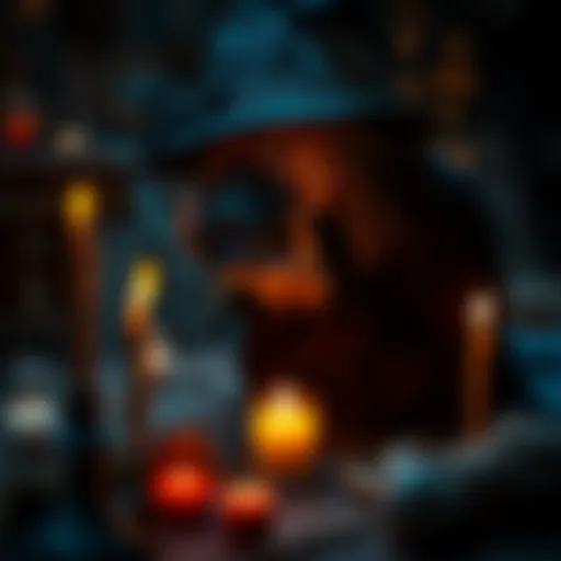 A witch takes a photograph of her spell setup with candles and herbs. The setting is dimly lit, creating a mystical atmosphere.