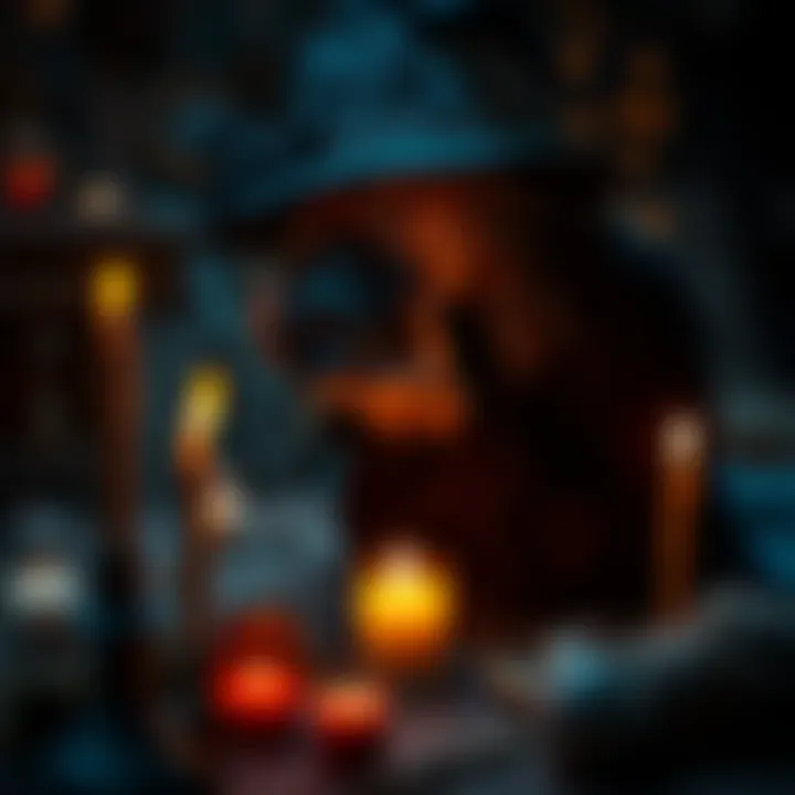 A witch takes a photograph of her spell setup with candles and herbs. The setting is dimly lit, creating a mystical atmosphere.