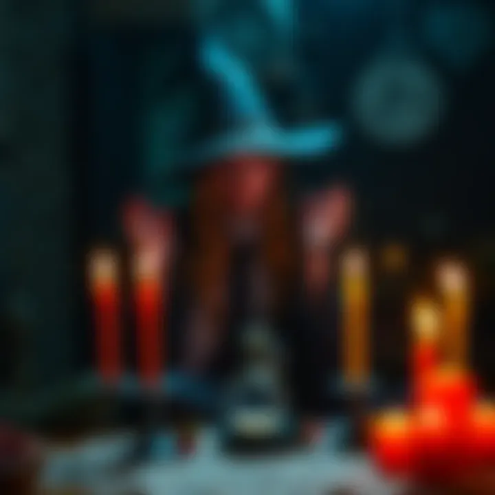 A witch casting a love spell A witch in a dark room casting a love spell with candles and herbs on a table