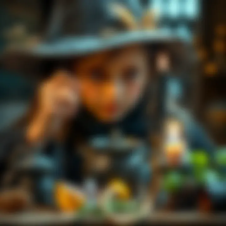 A young witch with a worried expression holds a black candle and a small cauldron, symbolizing her first curse over a stolen item, surrounded by mystical herbs and crystals.
