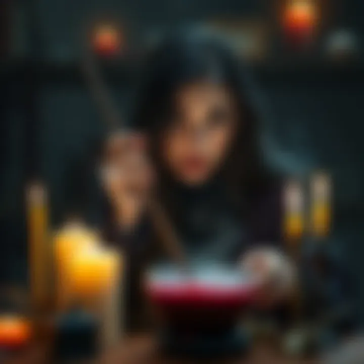 Witch casting a spell A witch with long dark hair in a dimly lit room, surrounded by candles and spell ingredients, looking worried while holding a wand over a potion bowl.